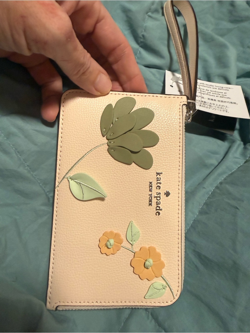 kate spade Cream Floral Appliqué Wristlet with Green and Tan Accents - Picture 2 of 9